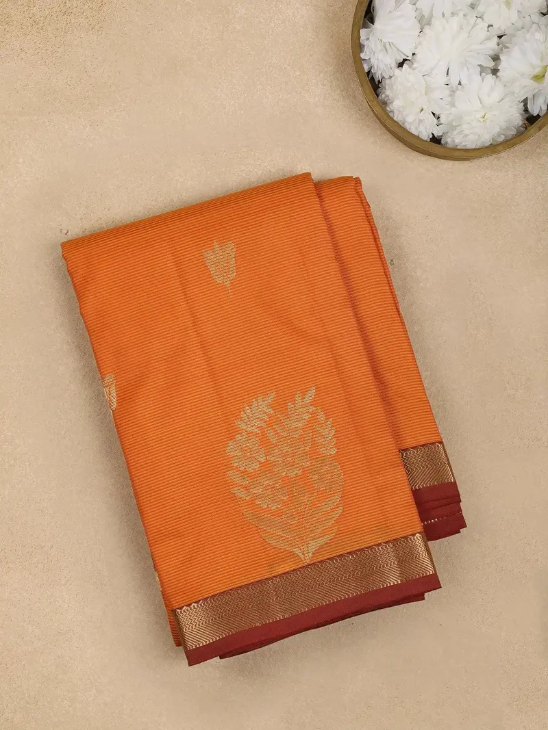Orange Floral Motif Pure Kanchipuram Silk Saree 1