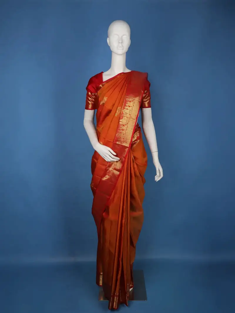 Orange Floral Motif Woven Pure Kanchipuram Silk Saree With Rich Zari Border 1