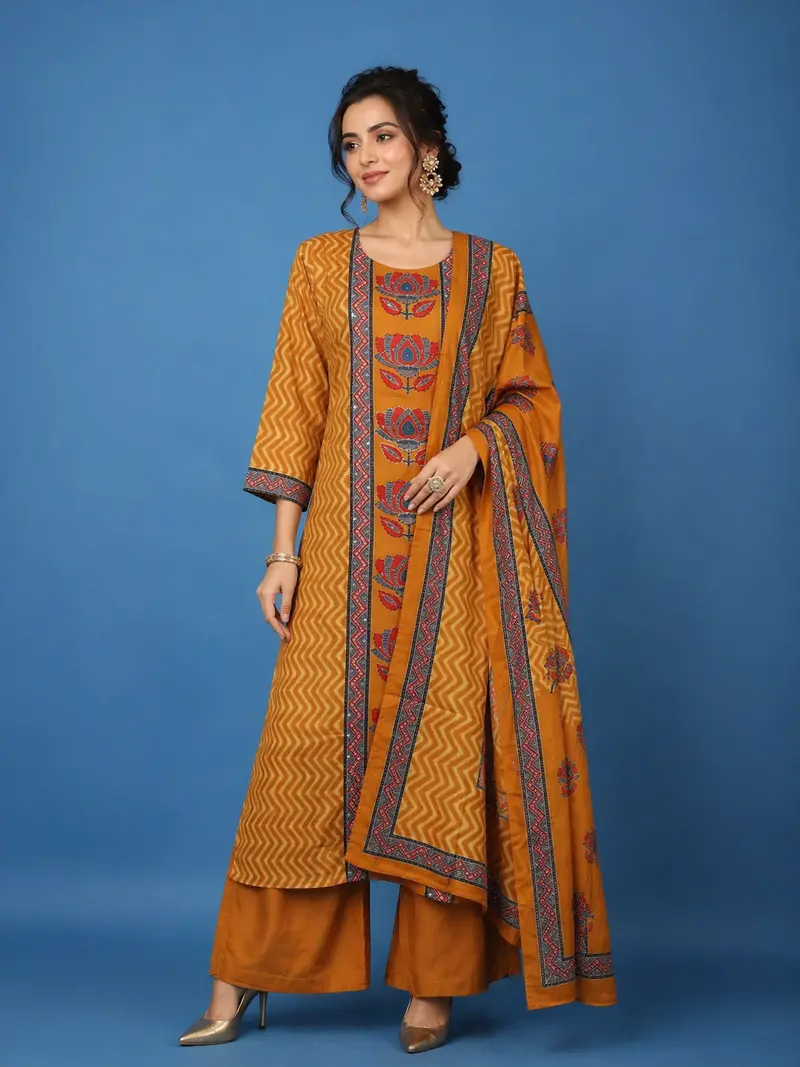 Orange Floral Printed Cotton Salwar Suit 1