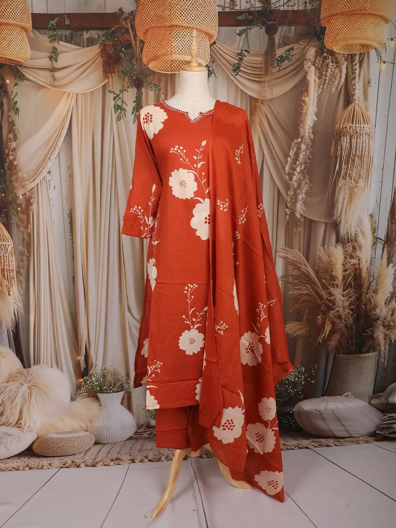 Orange Floral Printed Cotton Salwar Suit With Dupatta 1
