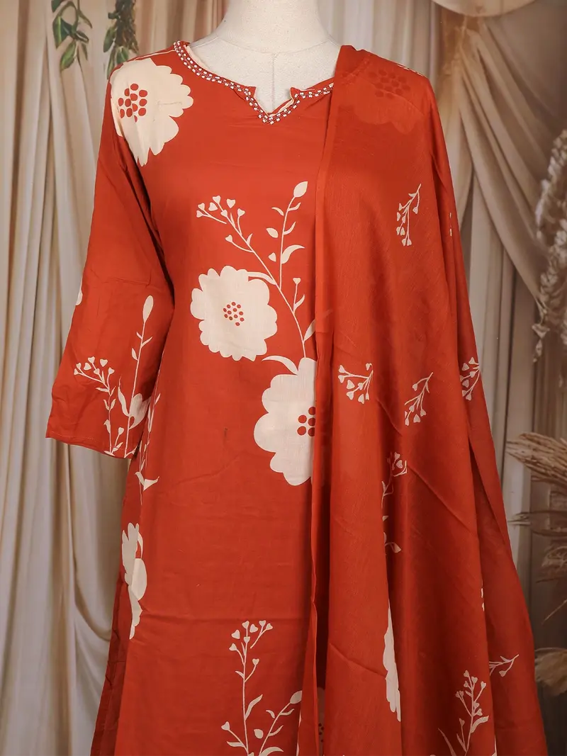 Orange Floral Printed Cotton Salwar Suit With Dupatta 2