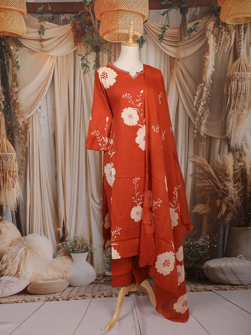Orange Floral Printed Cotton Salwar Suit With Dupatta 3