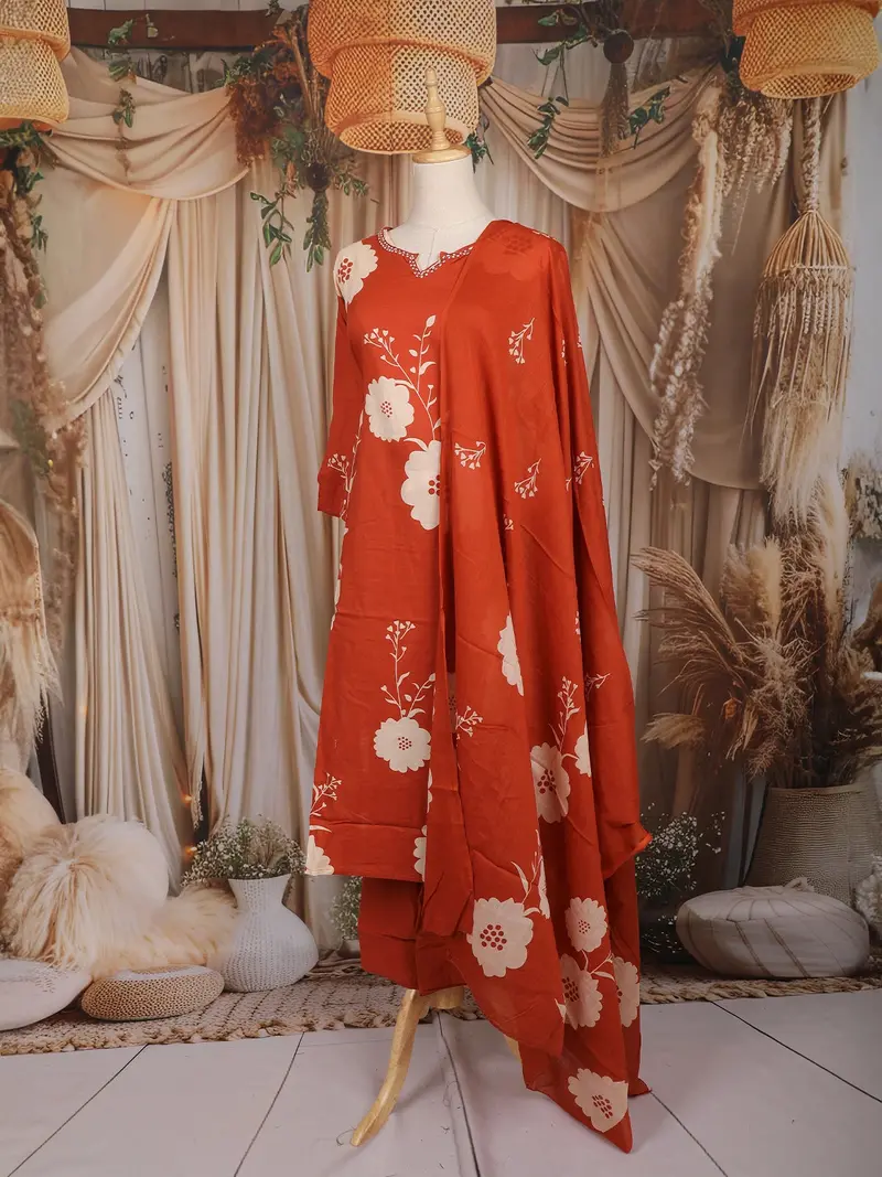 Orange Floral Printed Cotton Salwar Suit With Dupatta 4