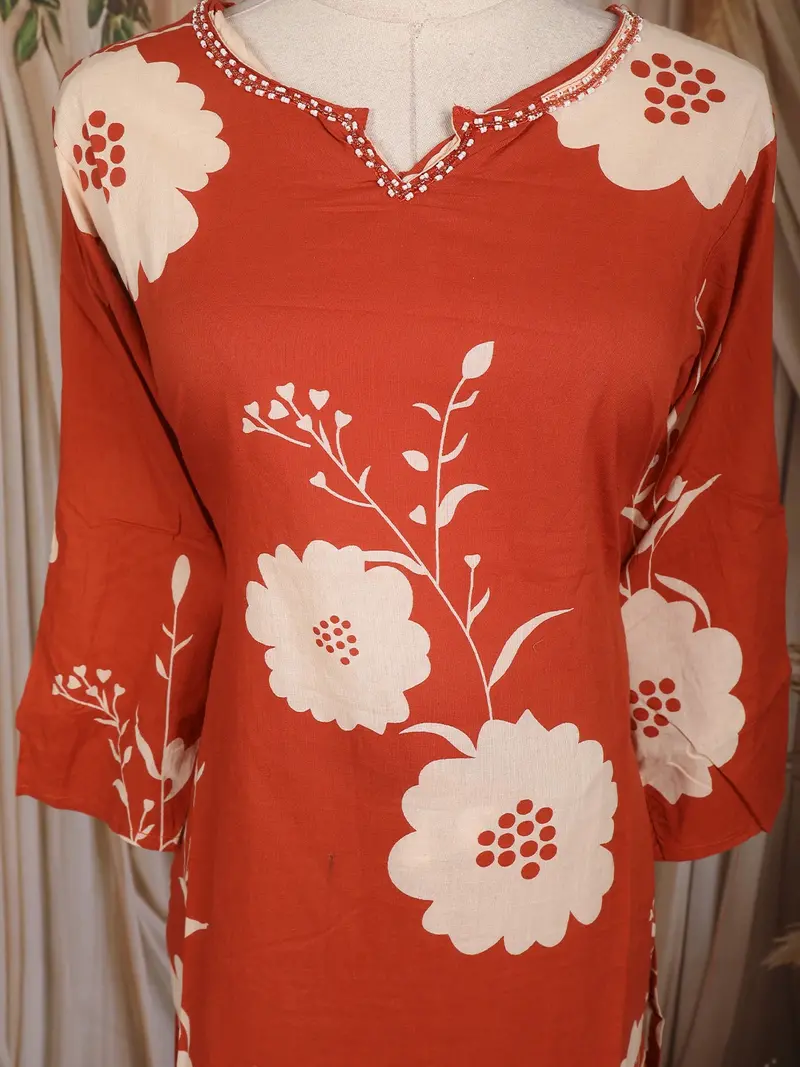Orange Floral Printed Cotton Salwar Suit With Dupatta 5