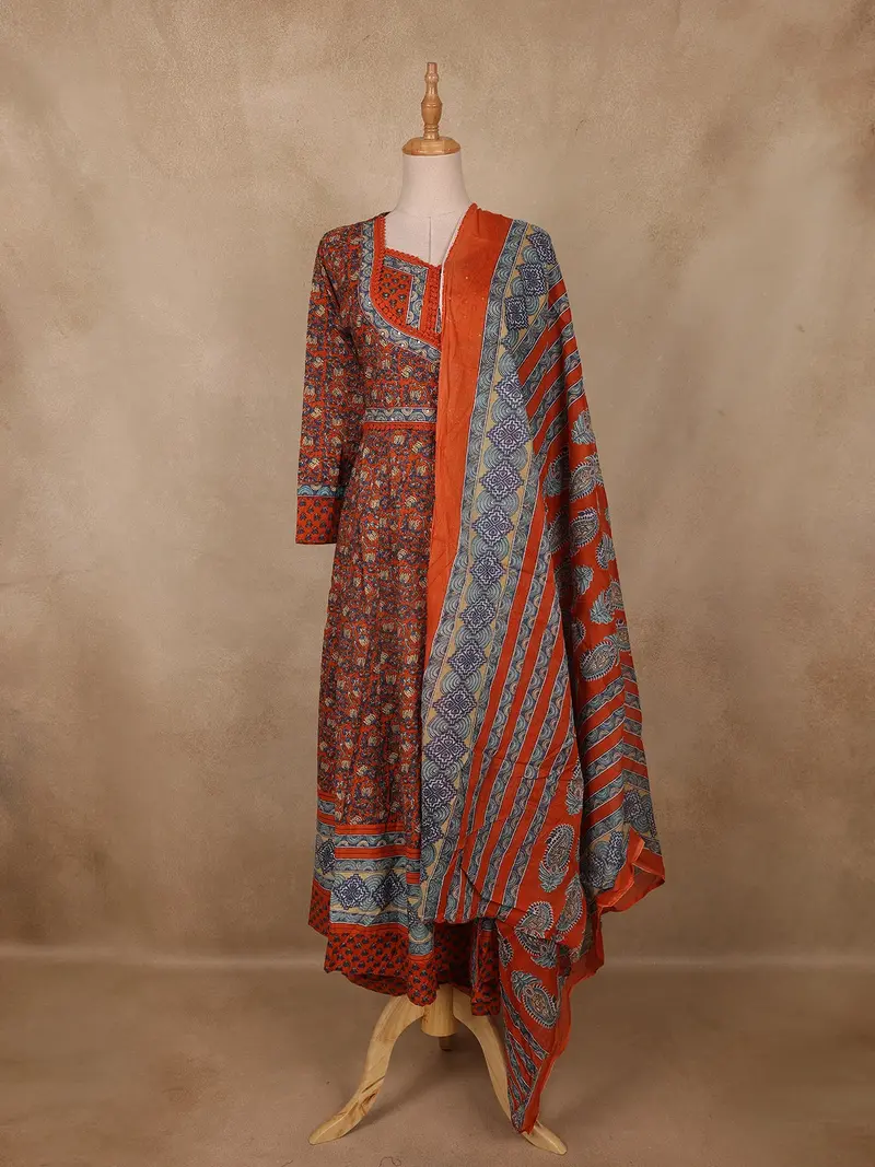 Orange Floral Printed Design Cotton Anarkali Salwar Suit 1
