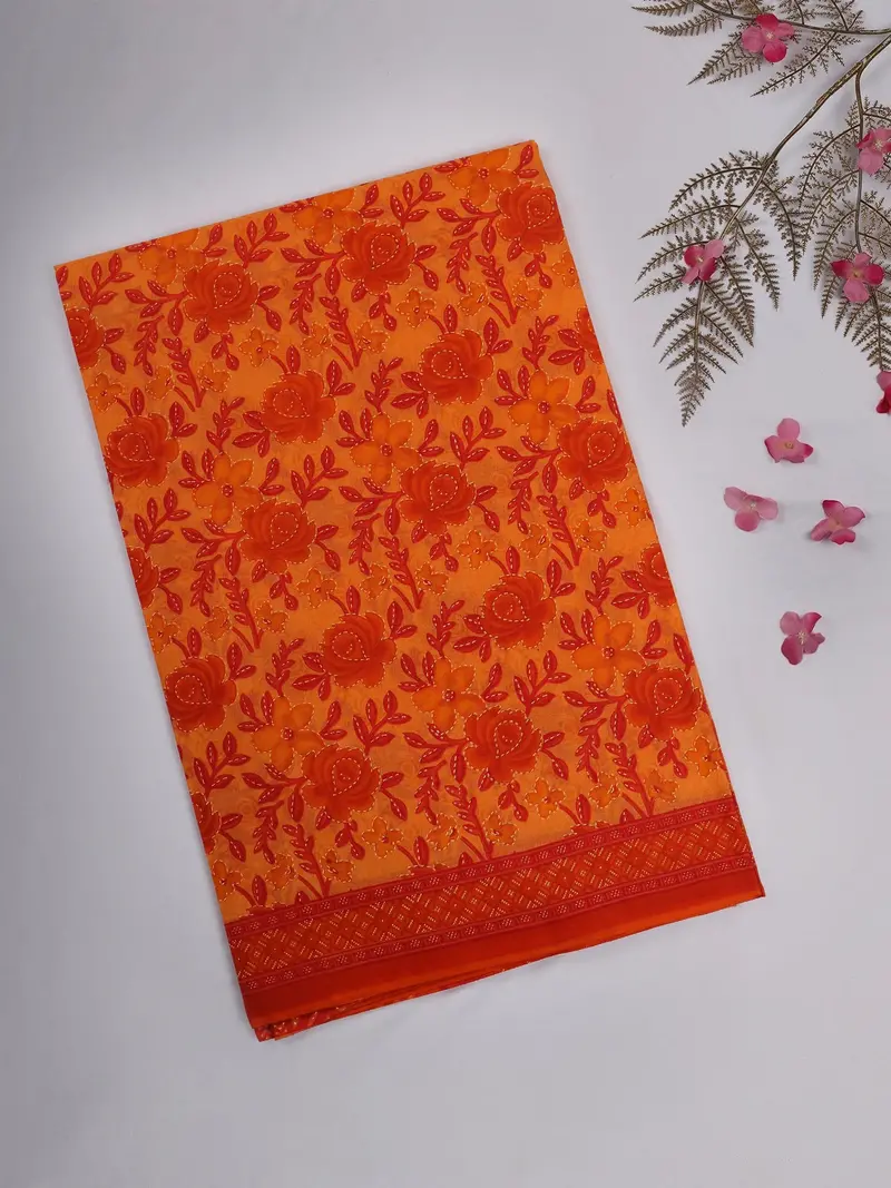 Orange Floral Printed Design Karishma Cotton Saree 1