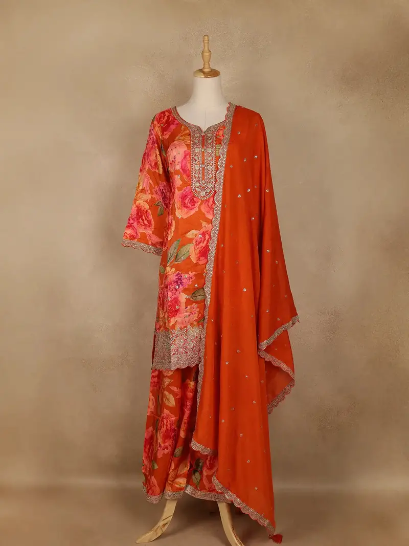 Orange Floral Printed Georgette Palazzo Suit With Sequins Embellished Dupatta 1