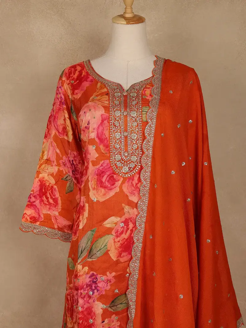 Orange Floral Printed Georgette Palazzo Suit With Sequins Embellished Dupatta 2