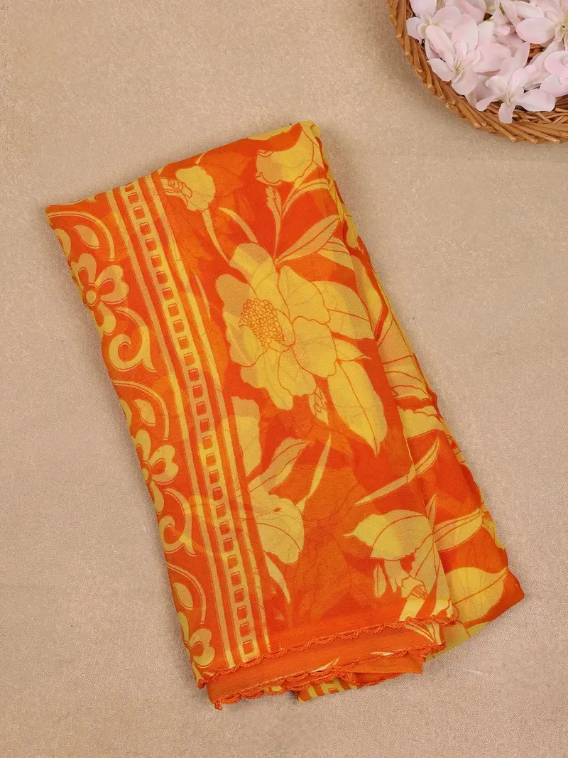 Orange Floral Printed Georgette Saree With Matching Blouse 1