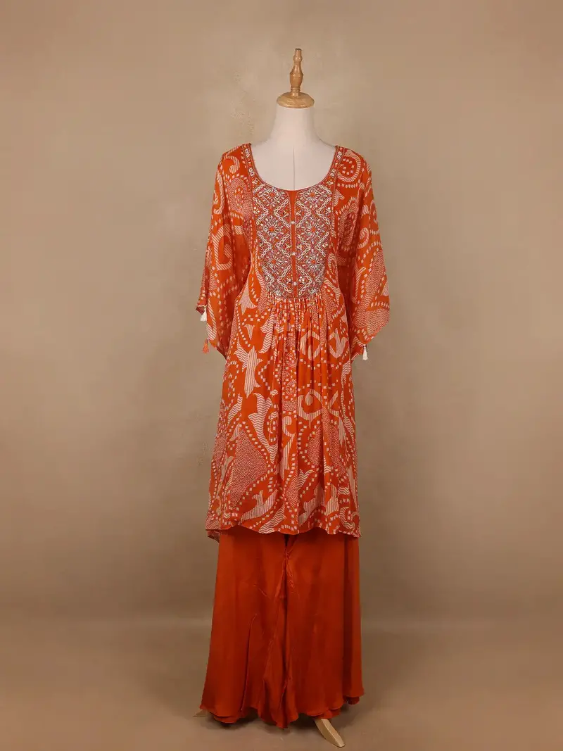 Orange Floral Printed Kaftan-Style Crepe Salwar Suit 1