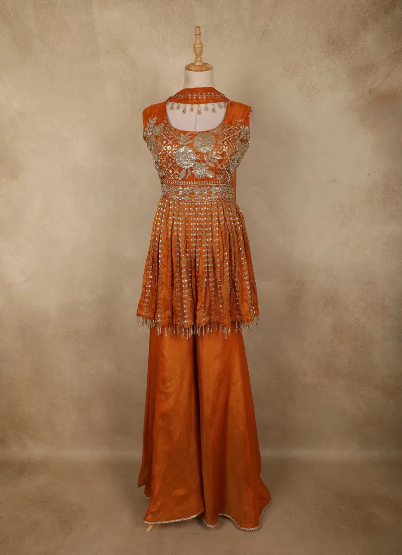 Orange Floral Sequins And Beads Embroidered Design Tissue Peplum Palazzo Suit With Dupatta 1
