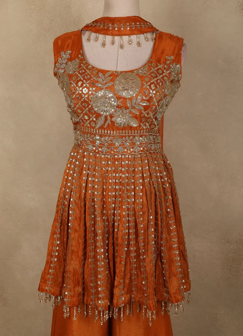 Orange Floral Sequins And Beads Embroidered Design Tissue Peplum Palazzo Suit With Dupatta 2