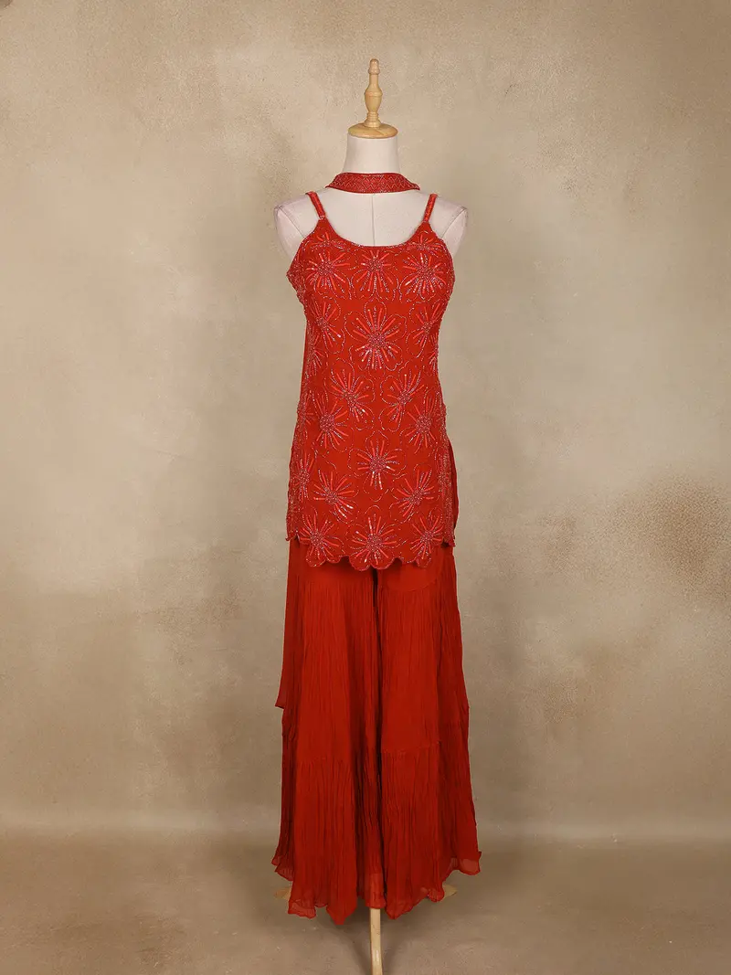 Orange Floral Sequins Design Georgette Sharara Set With Dupatta 1