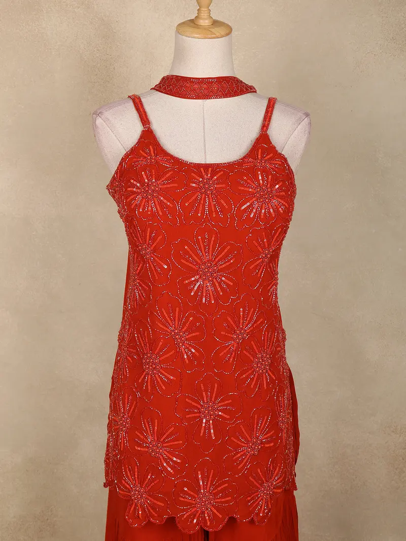 Orange Floral Sequins Design Georgette Sharara Set With Dupatta 2