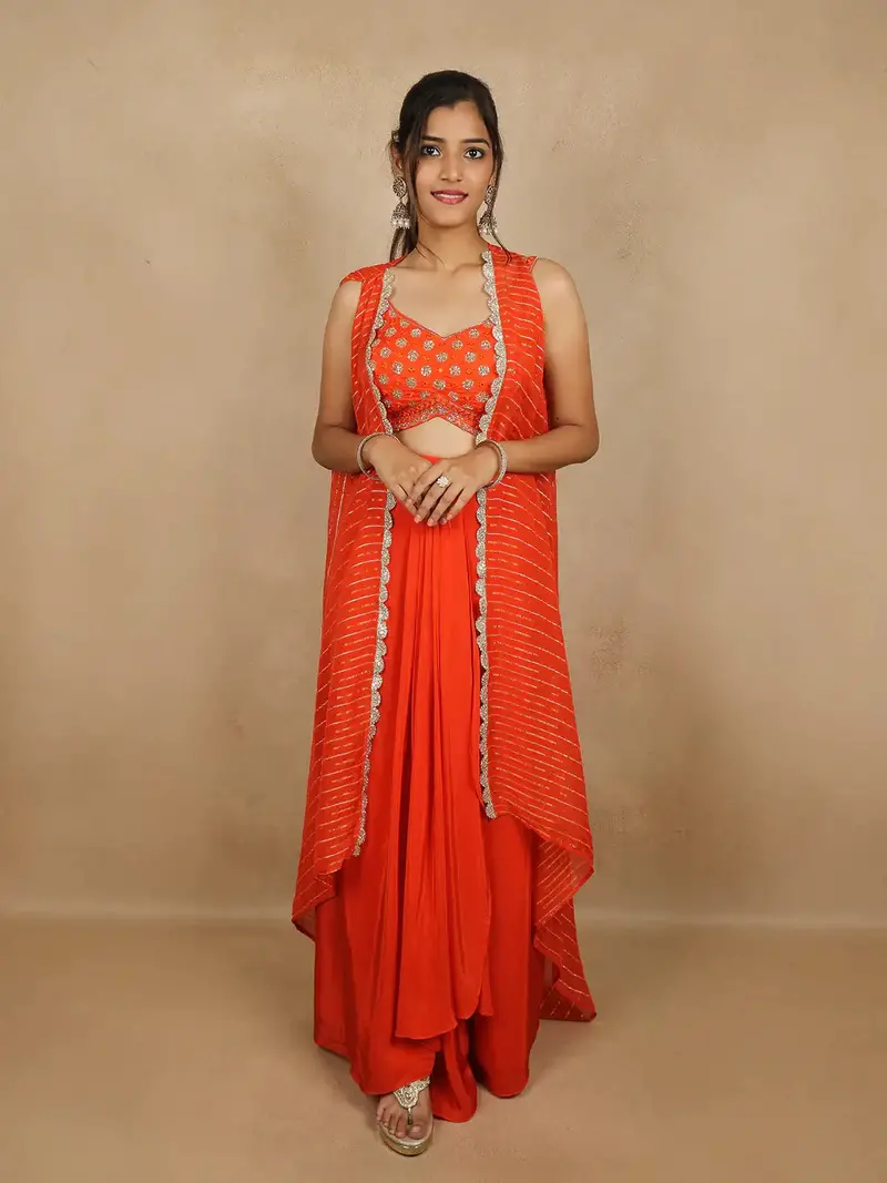 Orange Floral Sequins Embroidered Chiffon Skirt Top 1