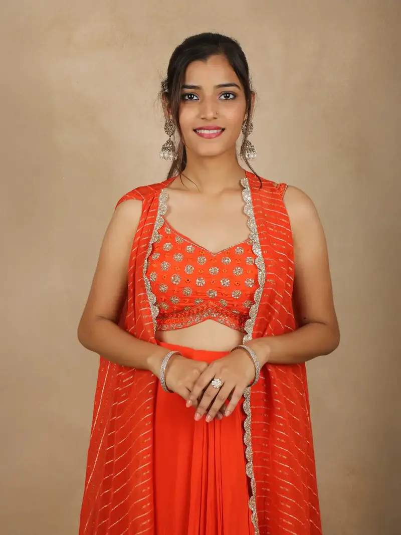 Orange Floral Sequins Embroidered Chiffon Skirt Top 2