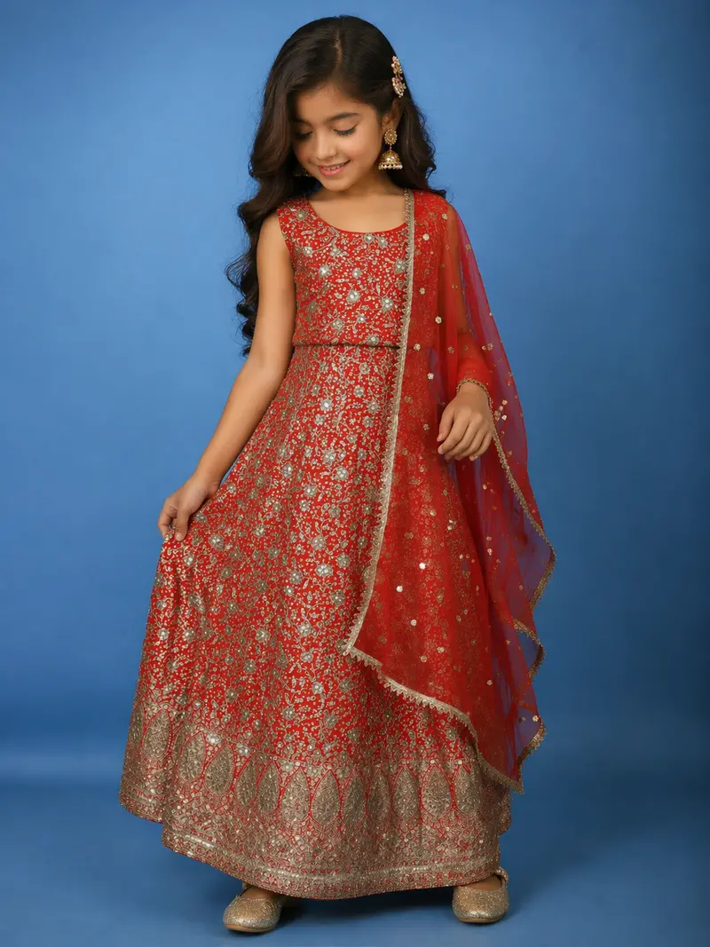 Orange Floral Sequins Embroidered Kids Georgette Gown 1