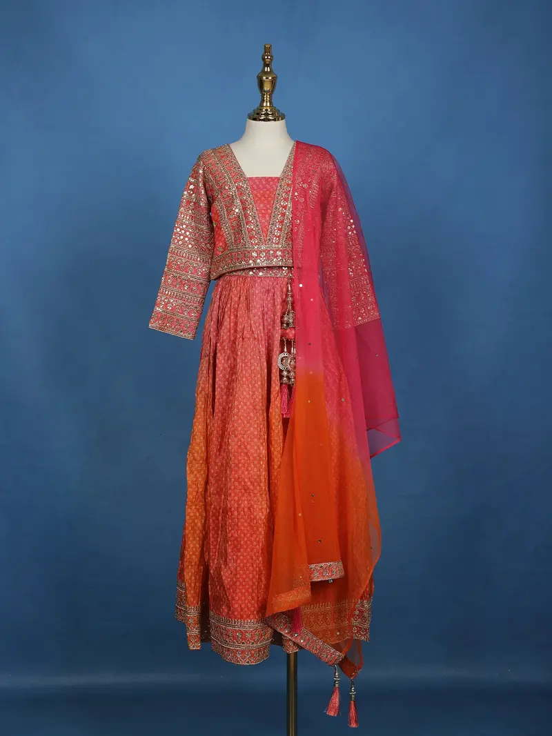 Orange Floral Sequins Embroidered Silk Kids Lehenga With Dupatta 1
