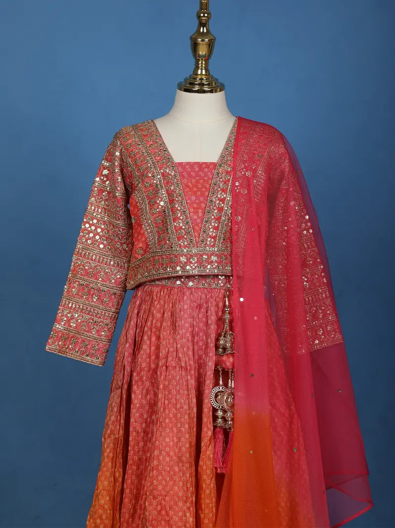 Orange Floral Sequins Embroidered Silk Kids Lehenga With Dupatta 2
