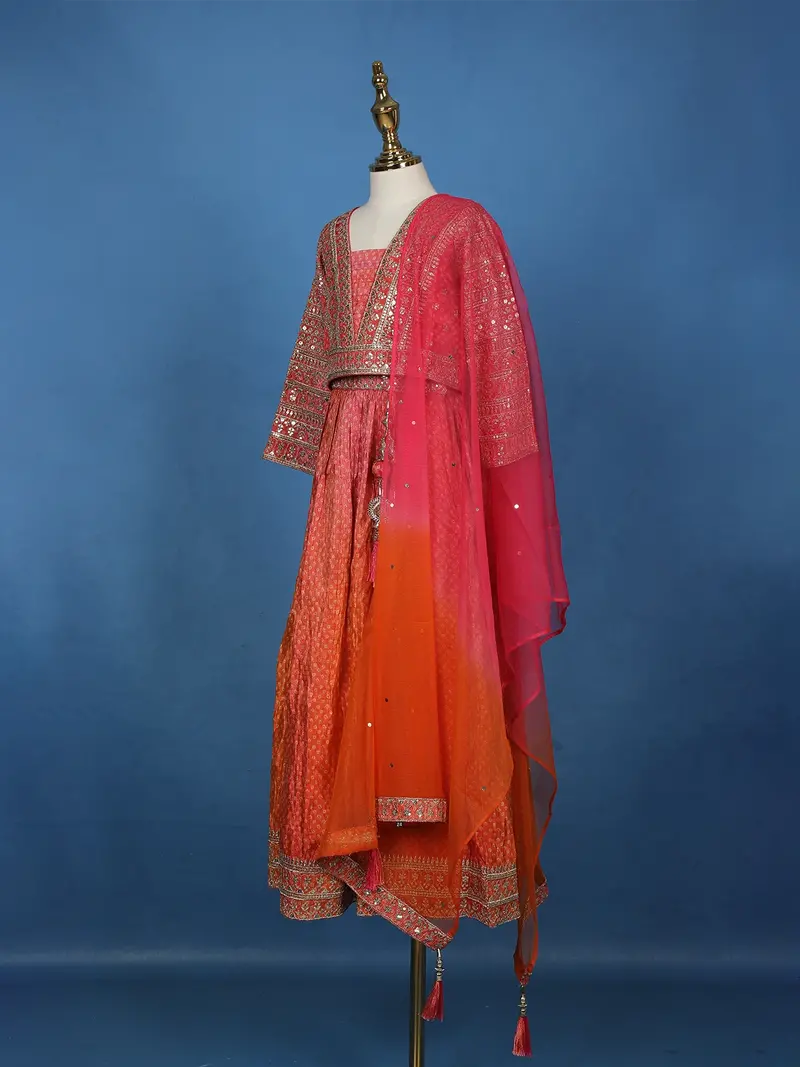 Orange Floral Sequins Embroidered Silk Kids Lehenga With Dupatta 3
