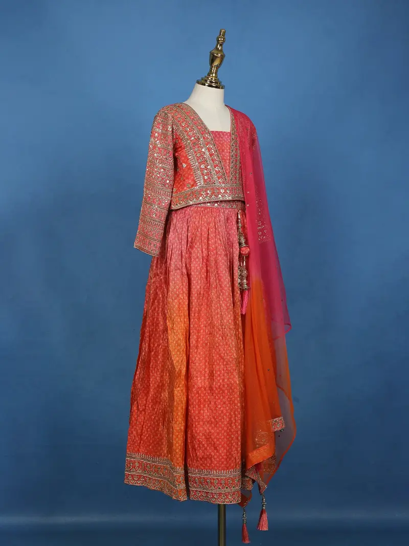 Orange Floral Sequins Embroidered Silk Kids Lehenga With Dupatta 4