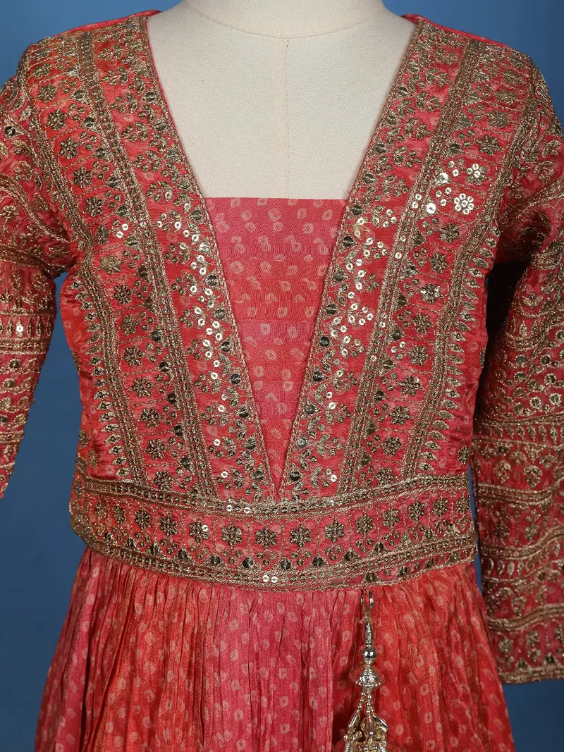 Orange Floral Sequins Embroidered Silk Kids Lehenga With Dupatta 5