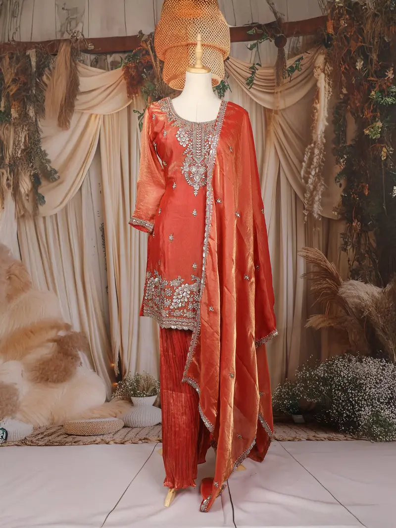 Orange Floral Sequins Embroidered Tissue Organza Salwar Suit 1