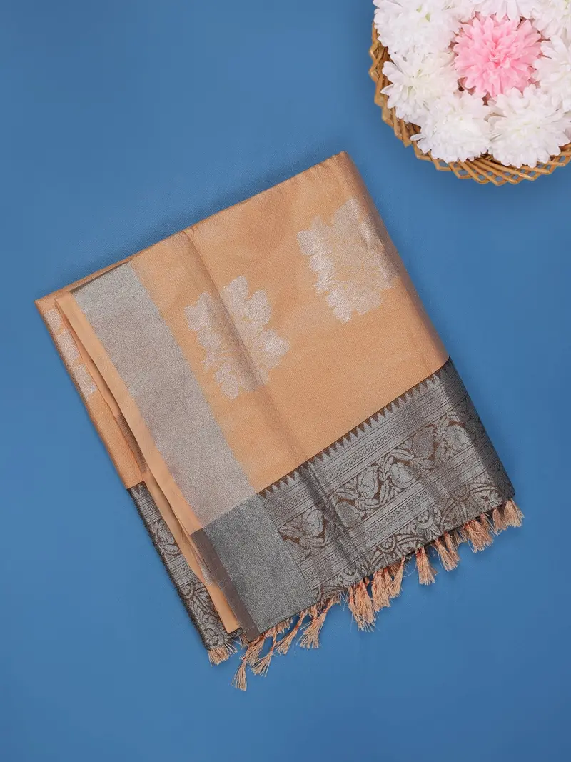 Orange Floral Woven Art Silk Saree With Contrast Silver Zari Border 1