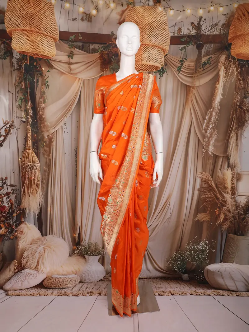Orange Floral Woven Design Pure Banarasi Silk Saree With Zari Woven Border 1