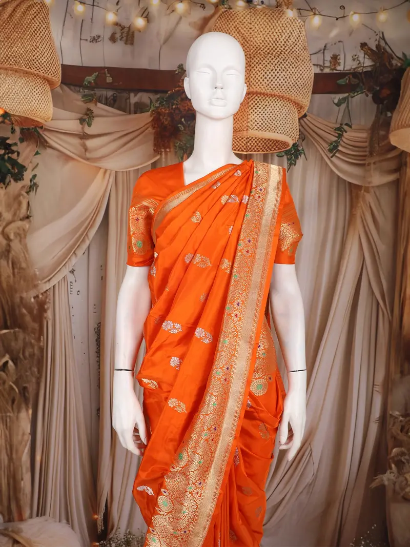 Orange Floral Woven Design Pure Banarasi Silk Saree With Zari Woven Border 2