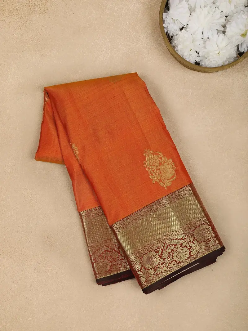Orange Floral Woven Pure Kanchipuram Silk Saree 1