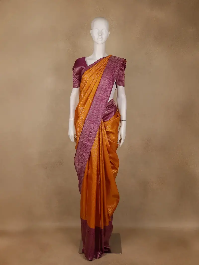 Orange Floral Woven Pure Kanchipuram Silk Saree 1