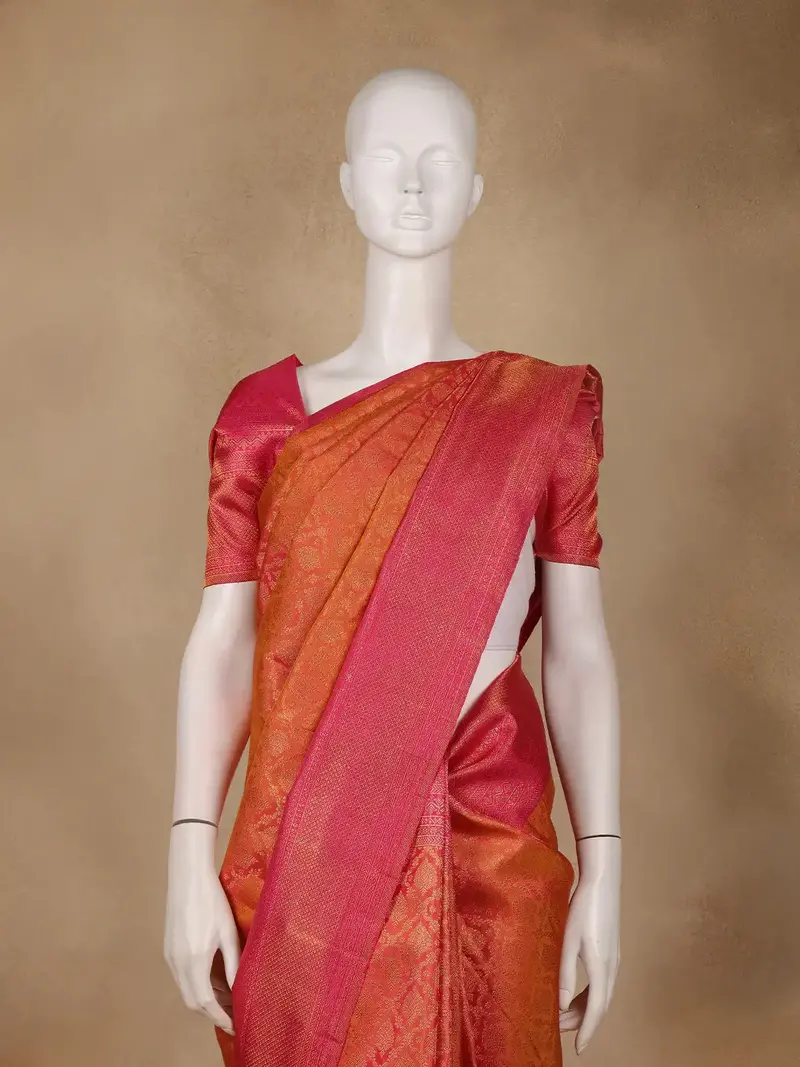 Orange Floral Woven Pure Kanchipuram Silk Saree 2