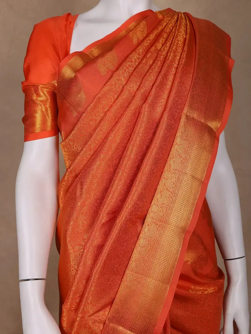 Orange Floral Woven Pure Kanchipuram Silk Saree 2