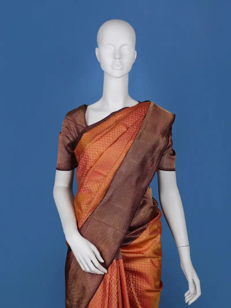 Orange Floral Woven Pure Kanchipuram Silk Saree 2