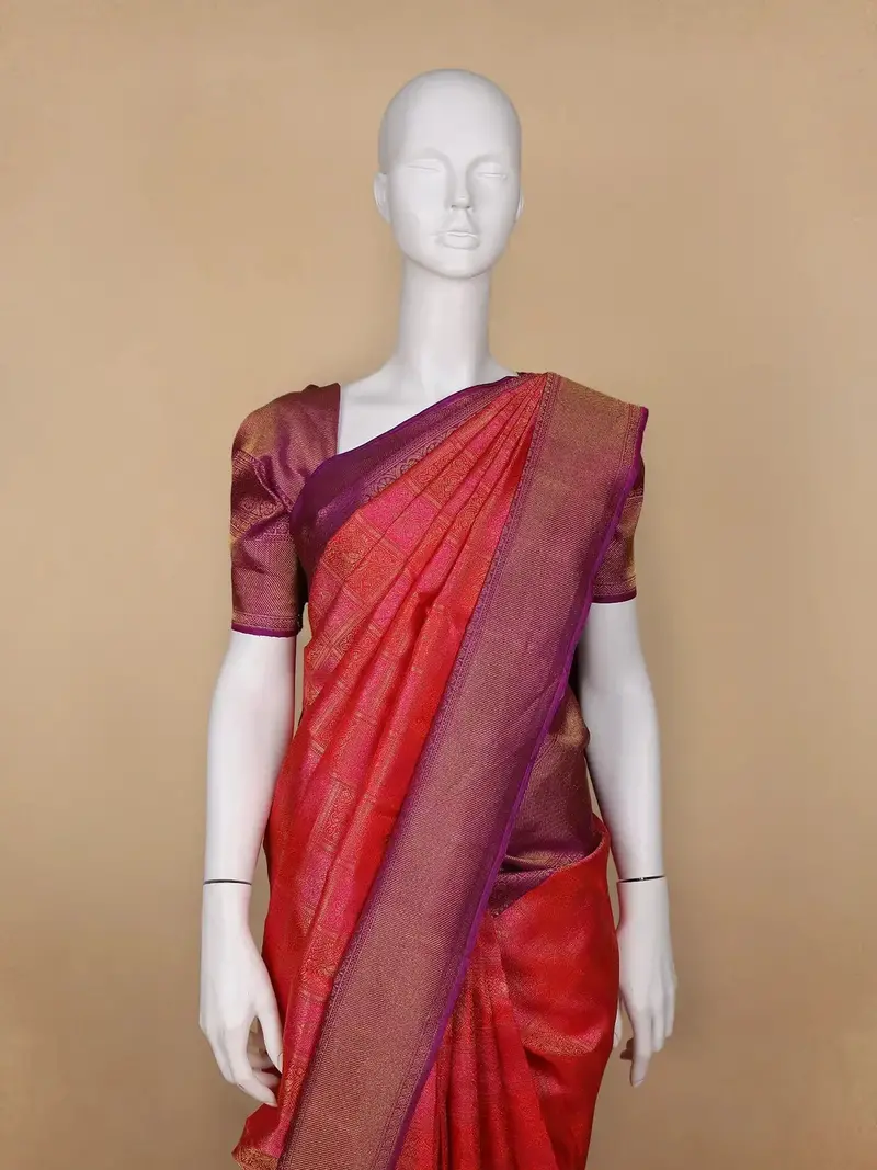 Orange Floral Woven Pure Kanchipuram Silk Saree 2