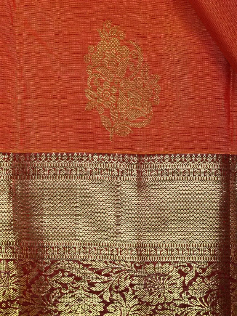 Orange Floral Woven Pure Kanchipuram Silk Saree 2