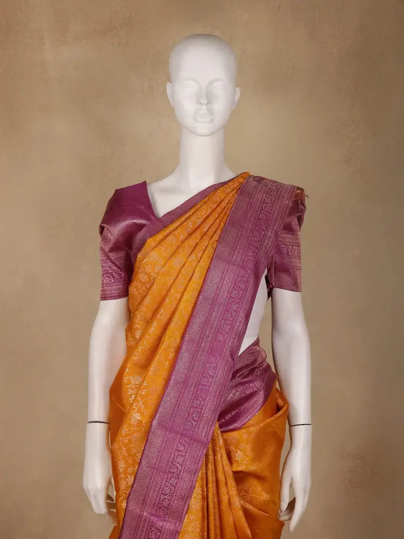 Orange Floral Woven Pure Kanchipuram Silk Saree 2