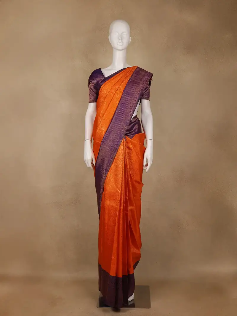Orange Floral Woven Pure Kanchipuram Silk Saree With Contrast Border 1
