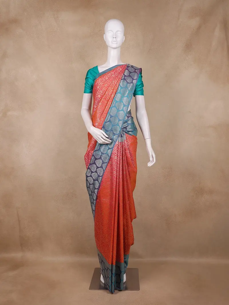 Orange Floral Zari Woven Design Kanchipuram Silk Saree 1