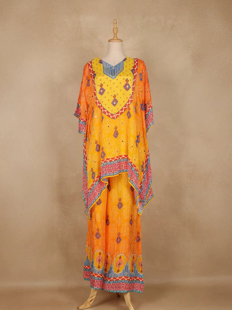 Orange Geometric Printed Design Crepe Kaftan Suit 1