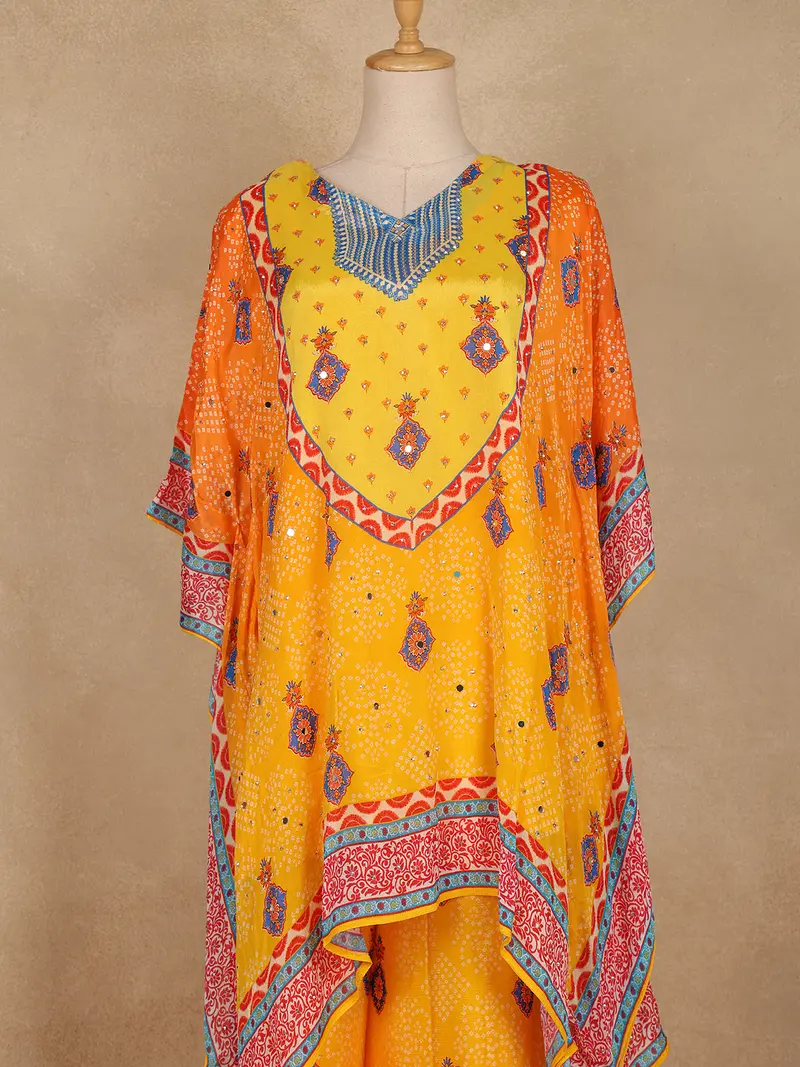Orange Geometric Printed Design Crepe Kaftan Suit 2
