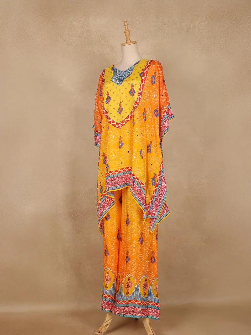 Orange Geometric Printed Design Crepe Kaftan Suit 3