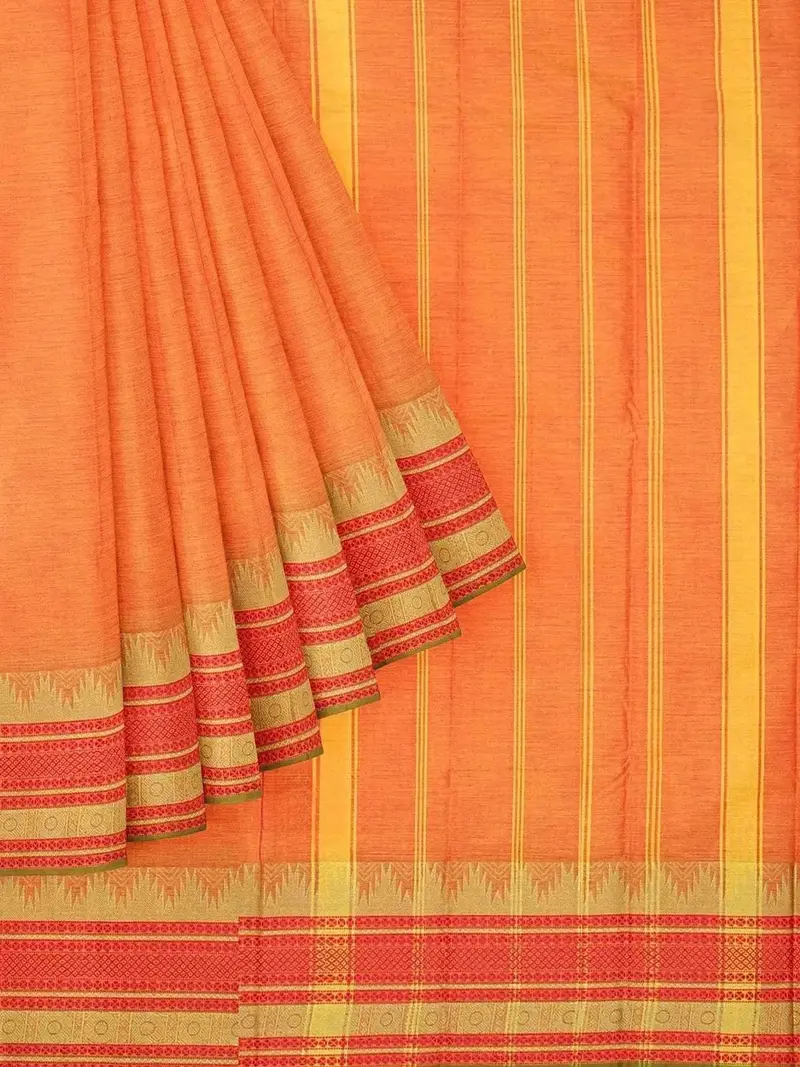 Orange Kanchi Cotton Saree With Thread Butta On The Body And Contrast Temple Zari Border 1