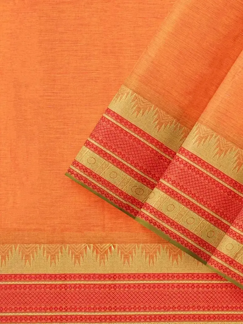 Orange Kanchi Cotton Saree With Thread Butta On The Body And Contrast Temple Zari Border 2
