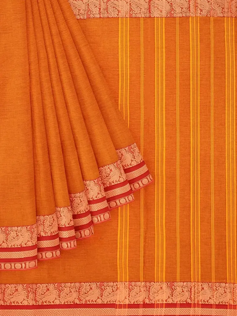 Orange Kanchi Cotton Saree With Thread Butta On The Body And Contrast Zari Border 1