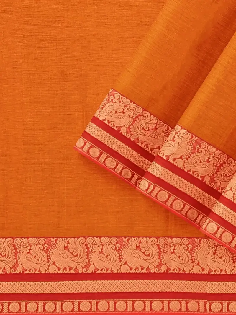 Orange Kanchi Cotton Saree With Thread Butta On The Body And Contrast Zari Border 2