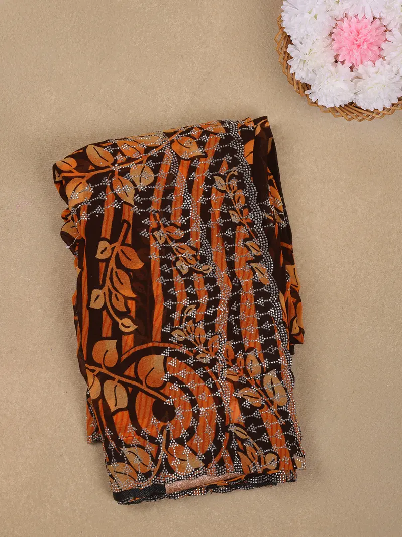 Orange Leaf Printed Design Chiffon Saree With Stone Work 1