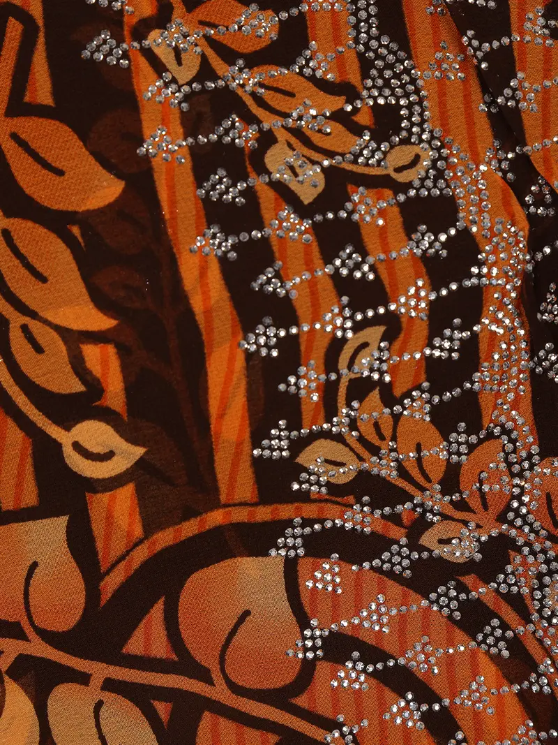 Orange Leaf Printed Design Chiffon Saree With Stone Work 2