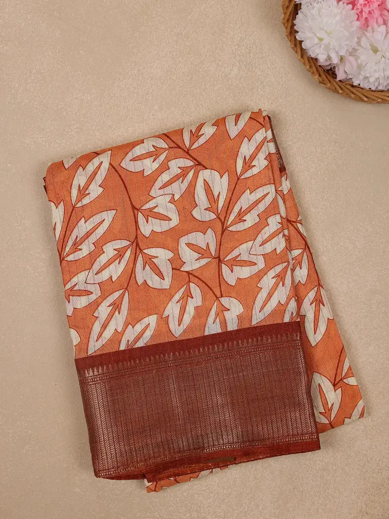 Orange Leaf Printed Fancy Cotton Saree 1